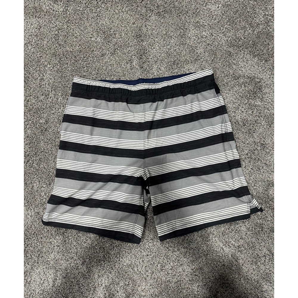 Speedo Mens Swim Trunks Striped Board Shorts Black Grey White XL Zip Pocket